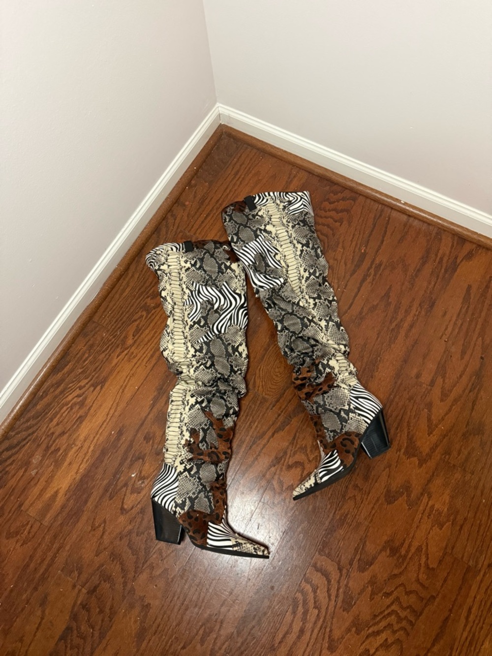 Cape Robbin Over-the-Knee Animal Print Boots in Black, White, Brown, Cream